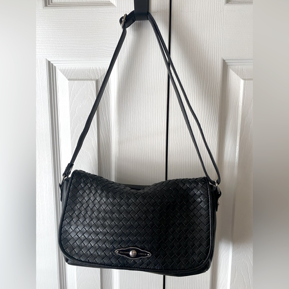 ELLIOTT LUCCA Black Pebbled Woven Leather Shoulder Bag